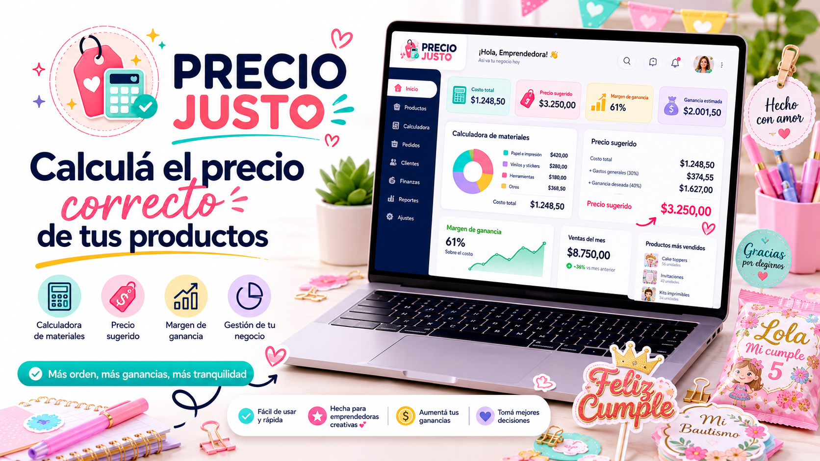 Vista del panel de Precio Justo con calculadora de materiales y precio sugerido