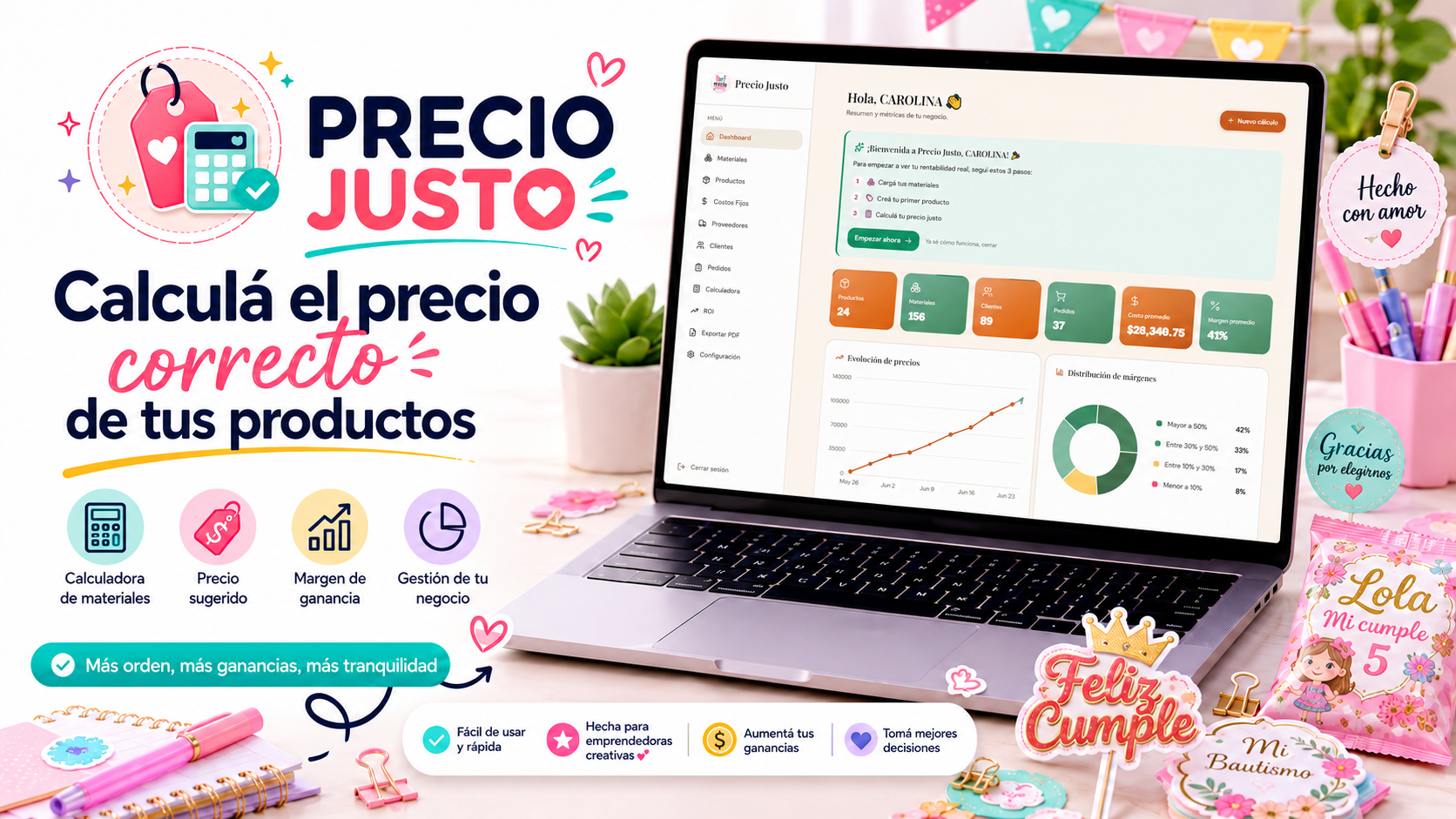 Vista del panel de Precio Justo con calculadora de materiales y precio sugerido